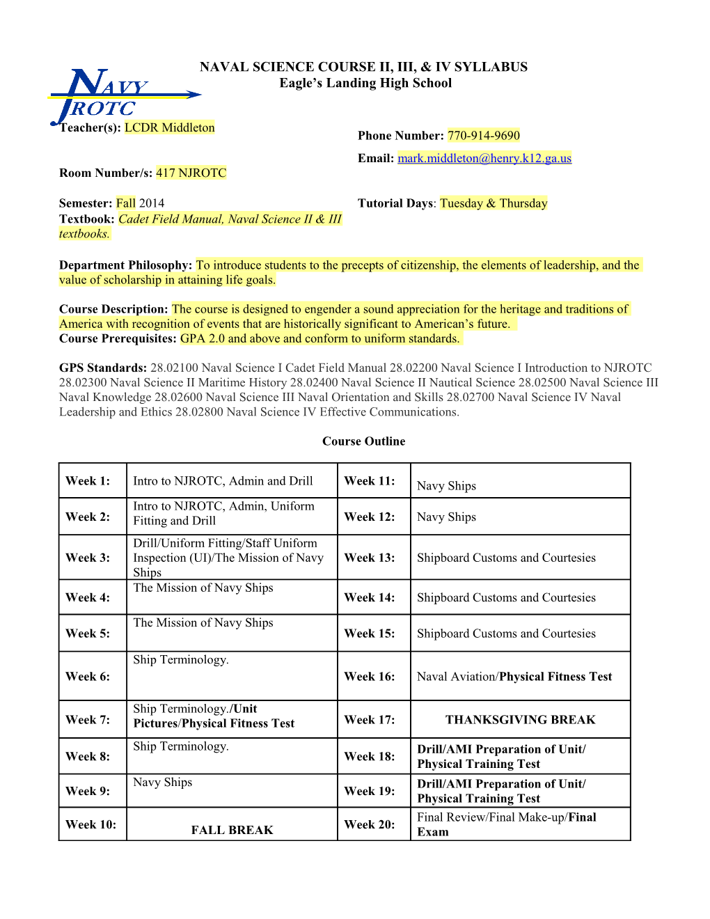 Naval Science Course Ii, Iii, & Iv Syllabus