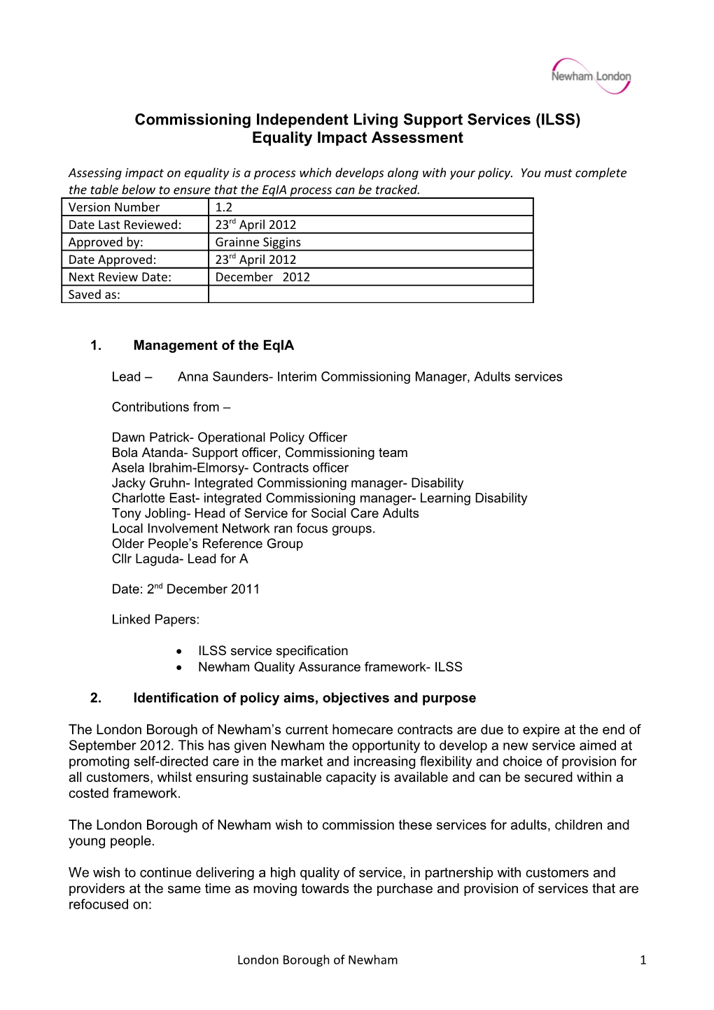 Commissioning Independent Living Support Services (ILSS) Eqia