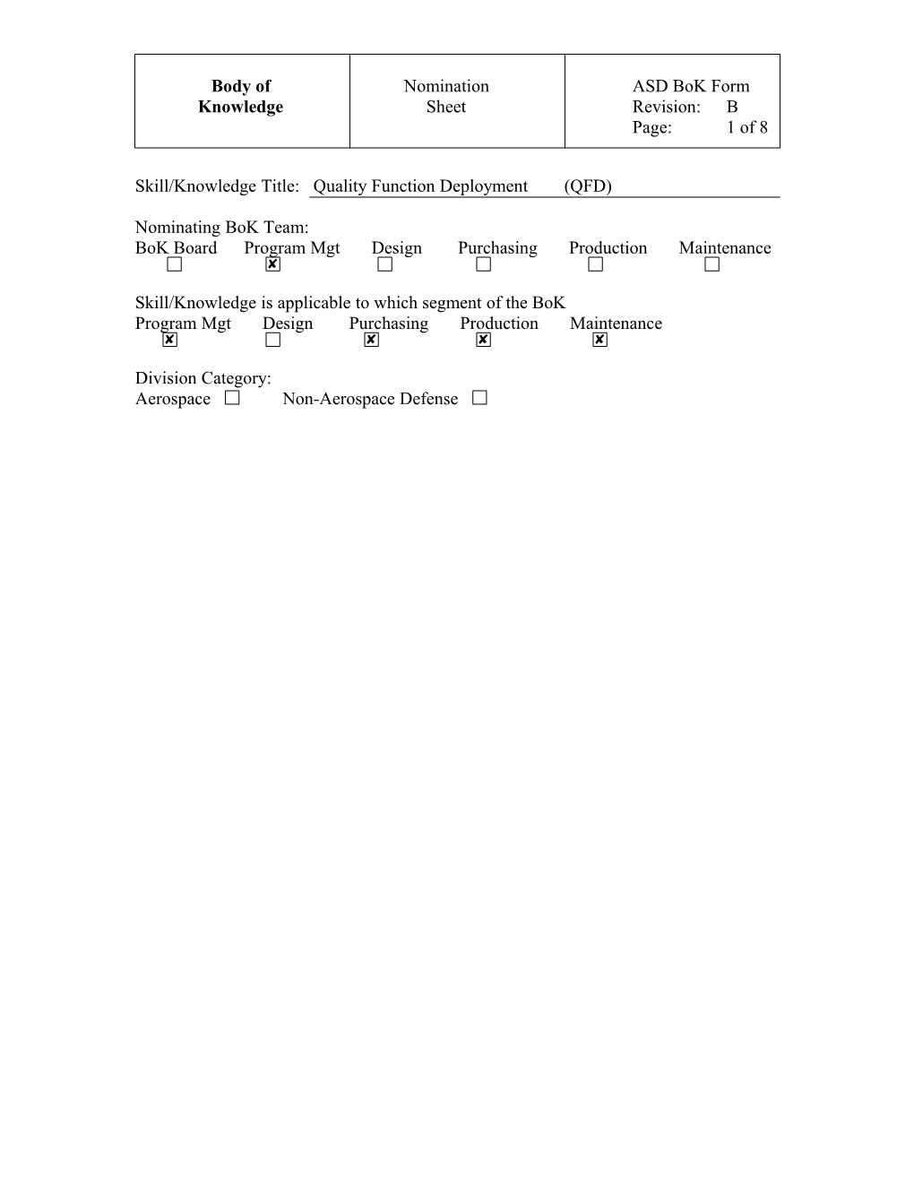 Skill/Knowledge Title: Quality Function Deployment(QFD)