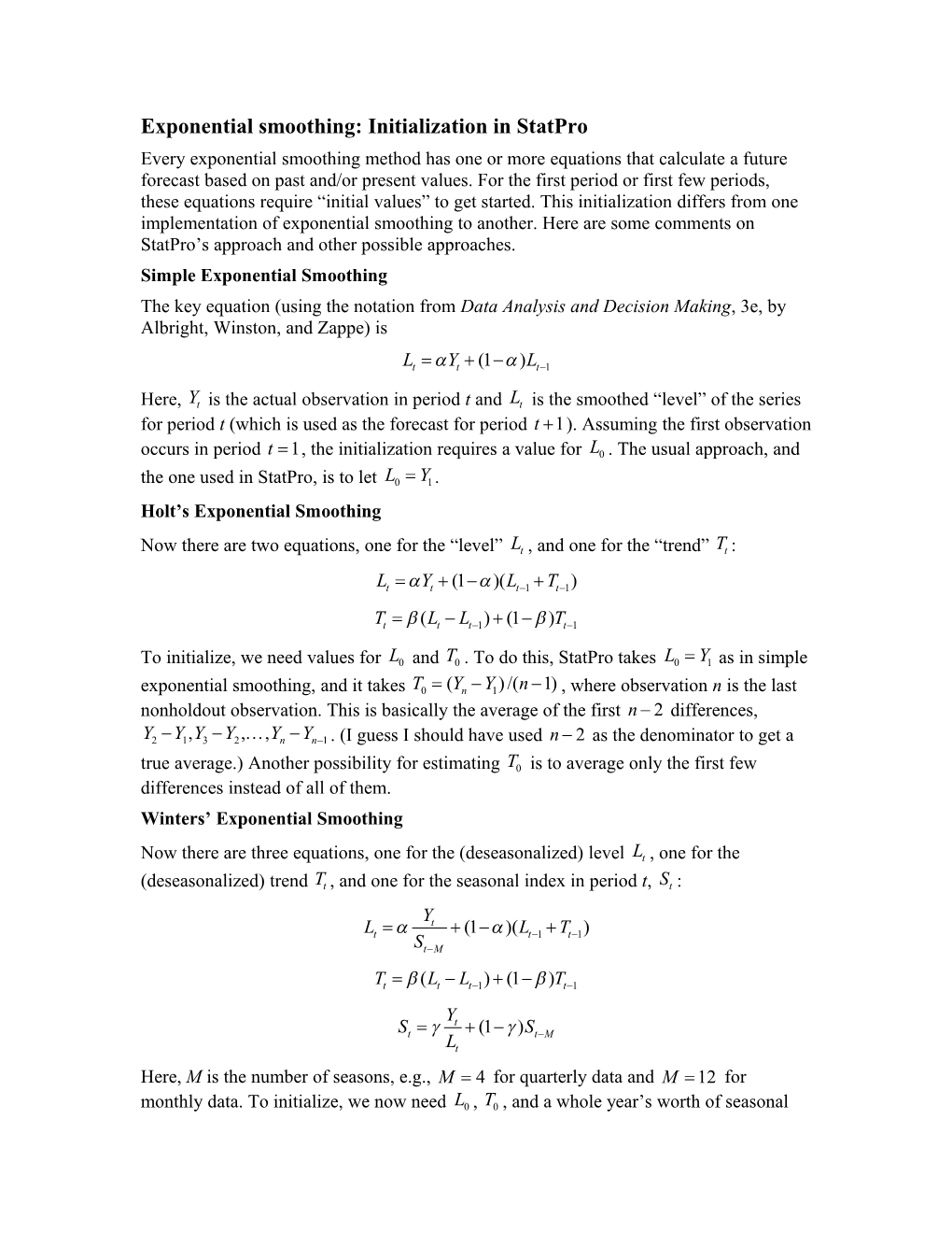 Exponential Smoothing: Initialization in Statpro