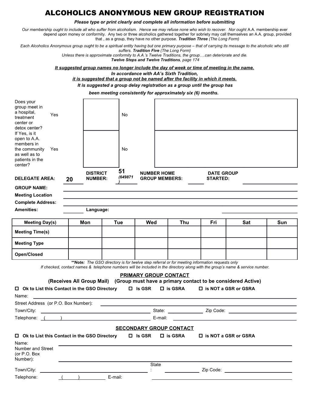 Alcoholics Anonymous New Group Registration