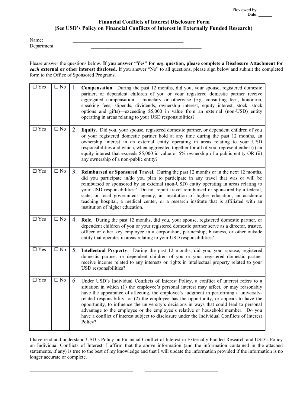 Financial Conflicts of Interest Disclosure Form