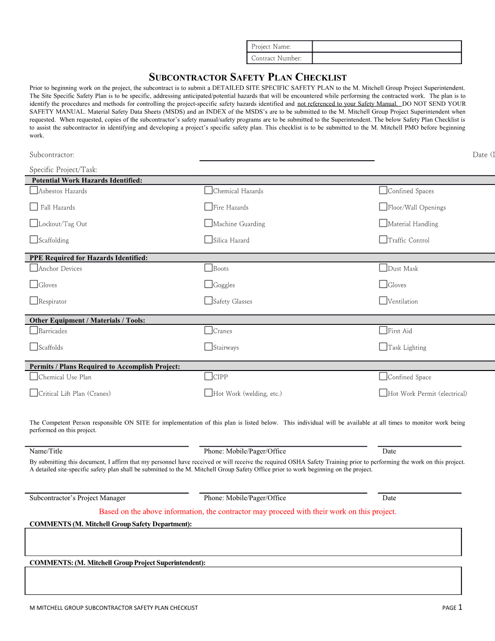 Subcontractor Safety Plan Checklist