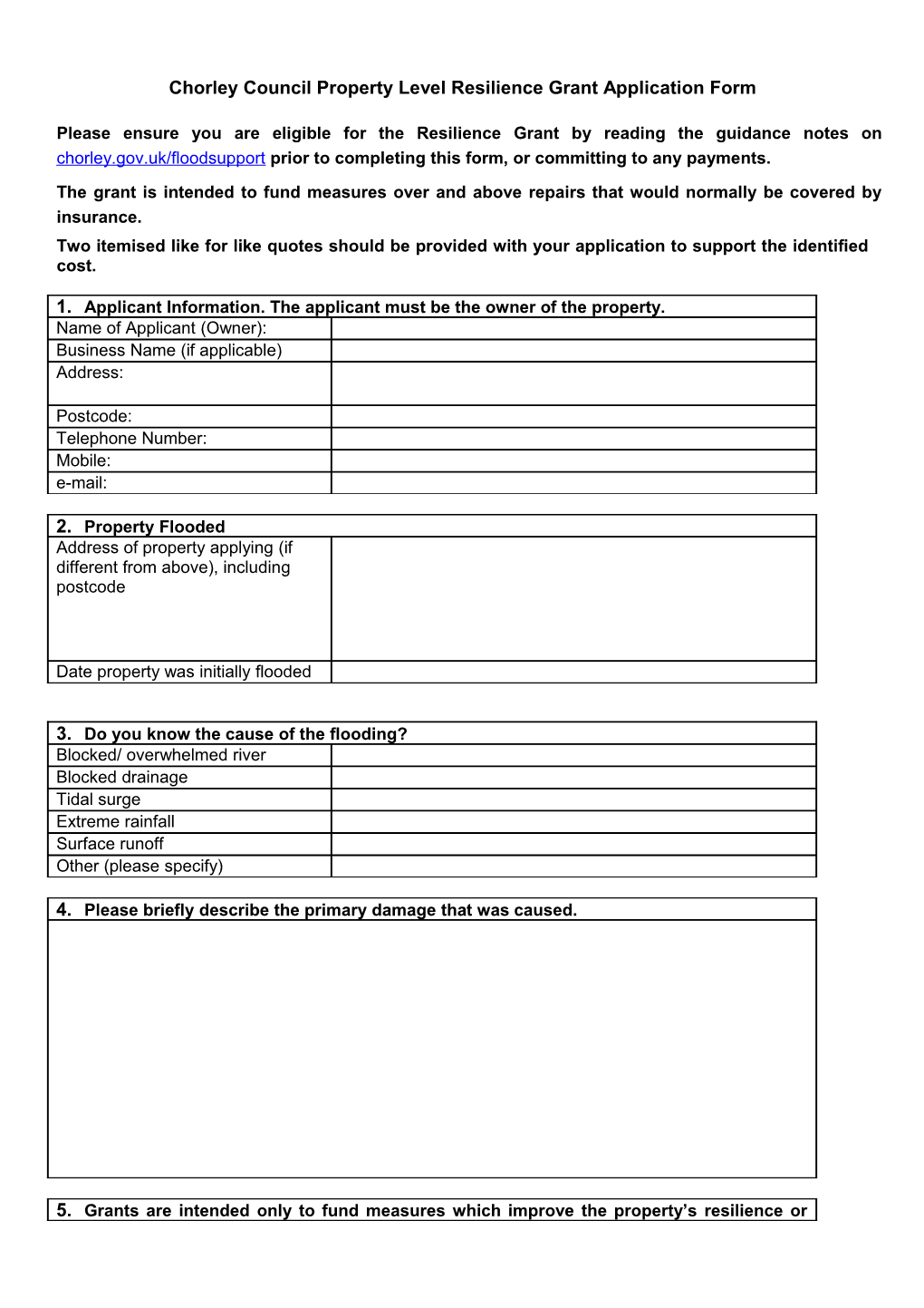 Chorley Council Property Level Resilience Grant Application Form