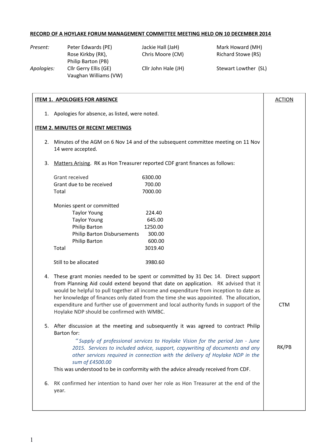 Record of a Hoylake Forum Management Committee Meeting Held on 10 December 2014