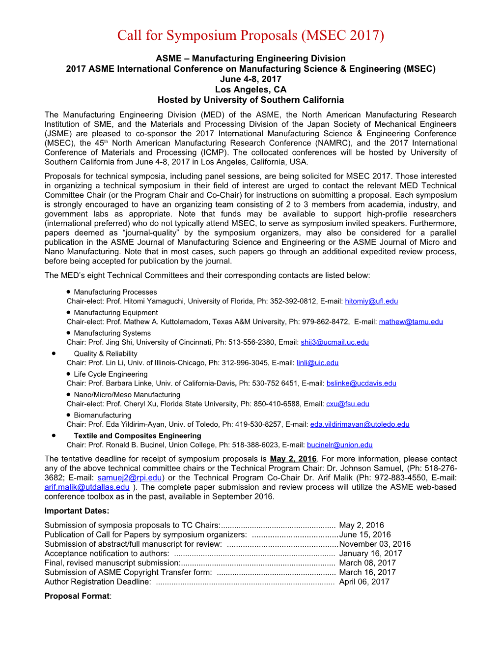 MSEC 2016 - Call for Symposium Proposals