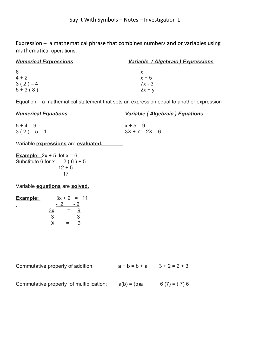 Say It with Symbols Notes Investigation 1