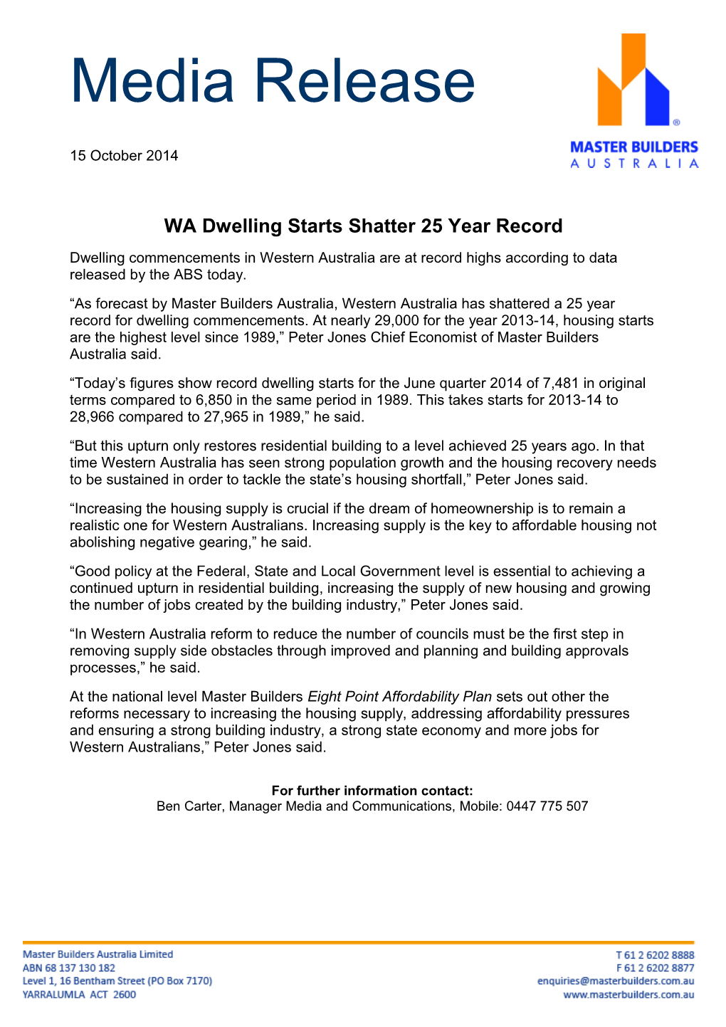 WA Dwelling Starts Shatter 25 Year Record