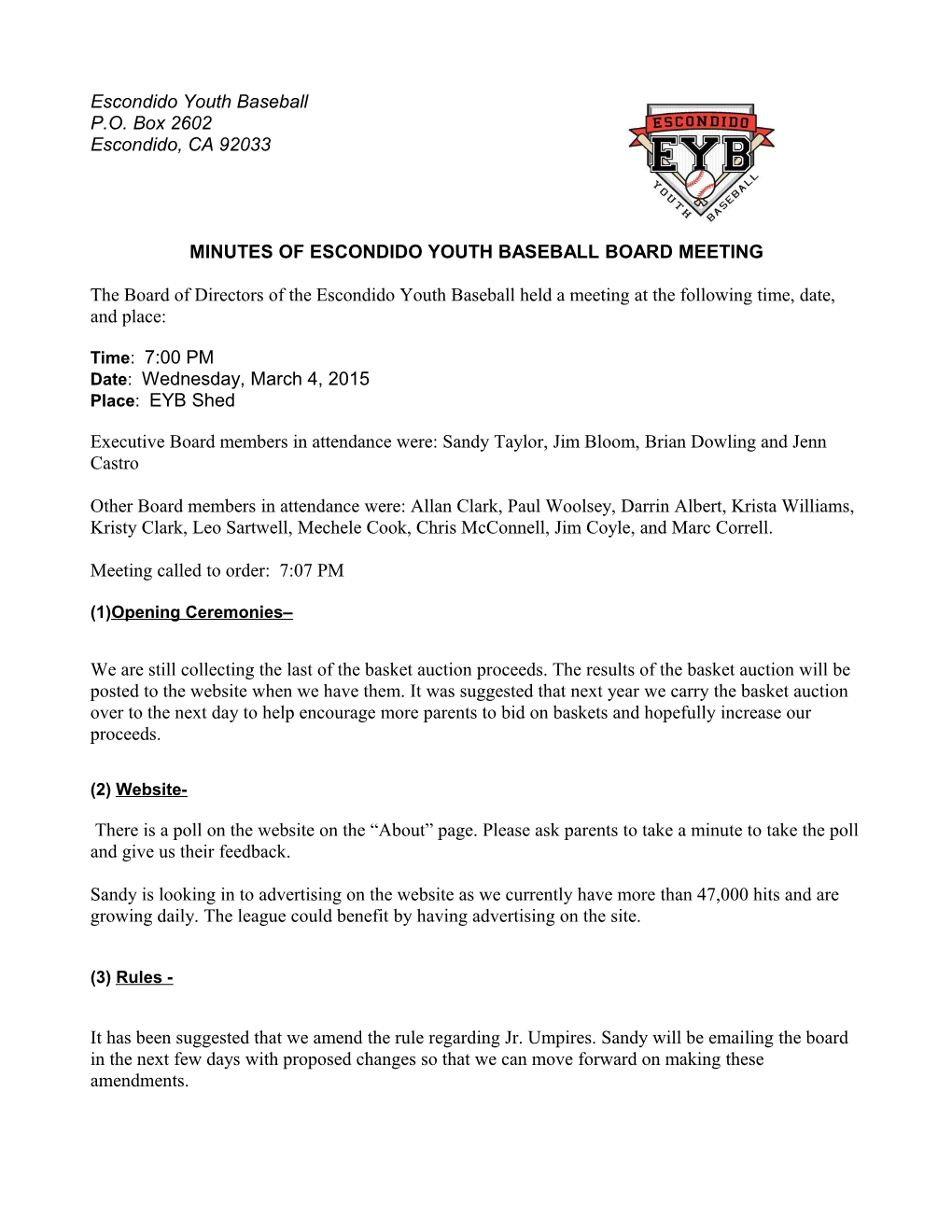 Minutes of Escondido Youth Baseball Board Meeting