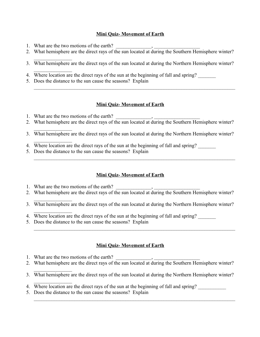 Mini Quiz- Movement of Earth