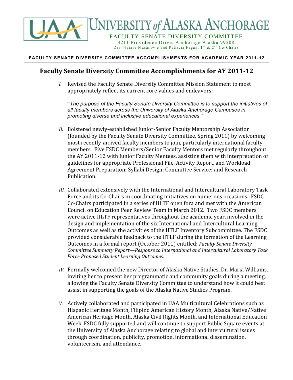 Faculty Senate Diversity Committee Report for August 19, 2011