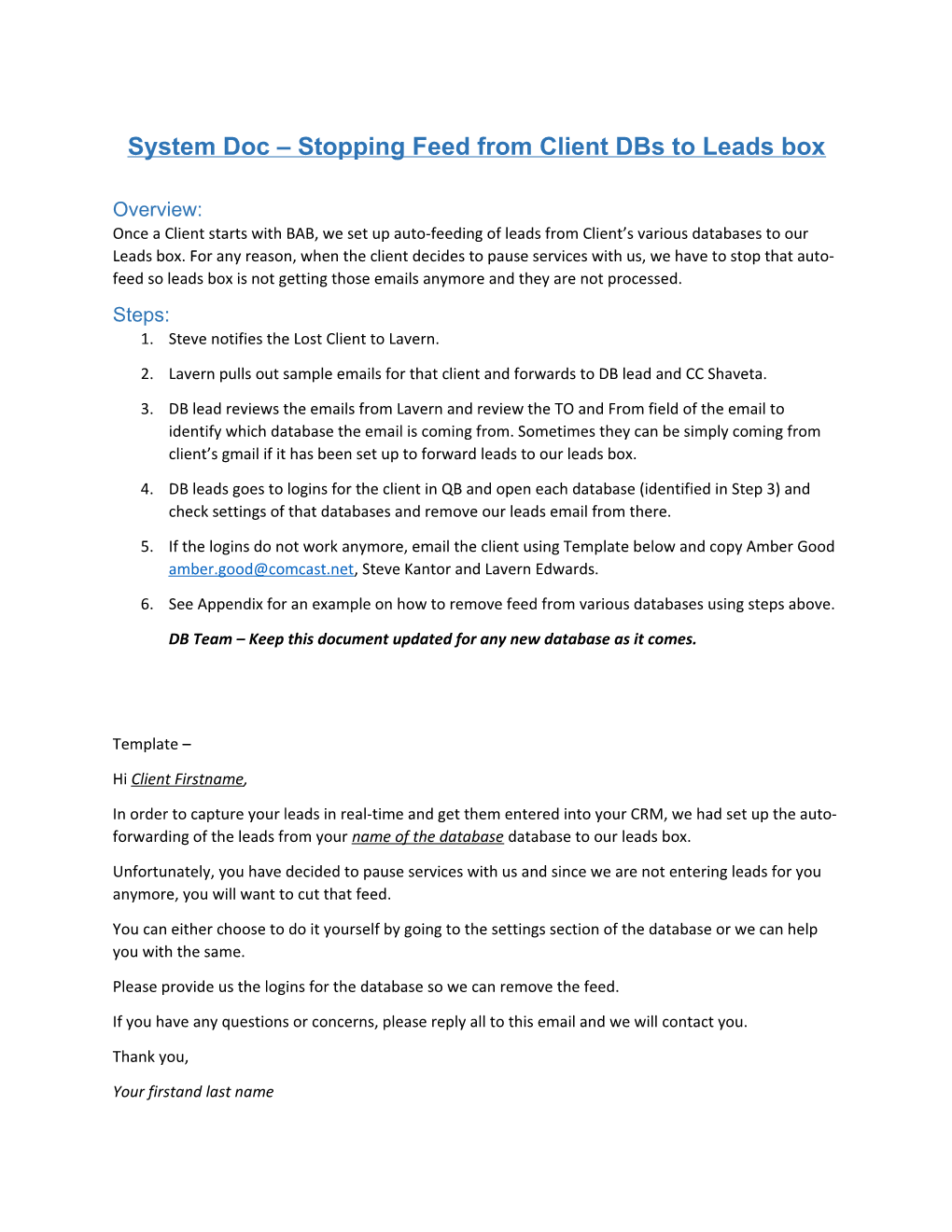 System Doc Stopping Feed from Client Dbs to Leads Box