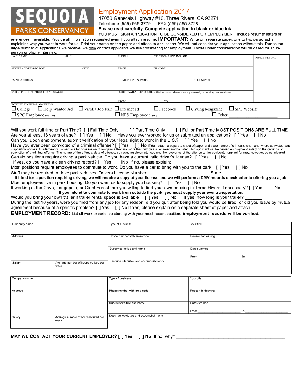 Sequoia Natural History Association (SNHA) Application for Employment