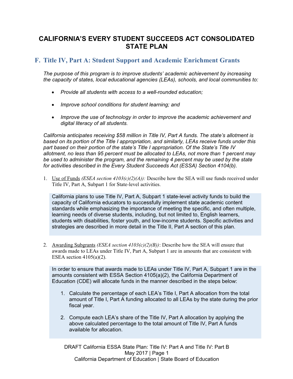 Draft ESSA State Plan Title IV a and B - ESSA (CA Dept of Education)