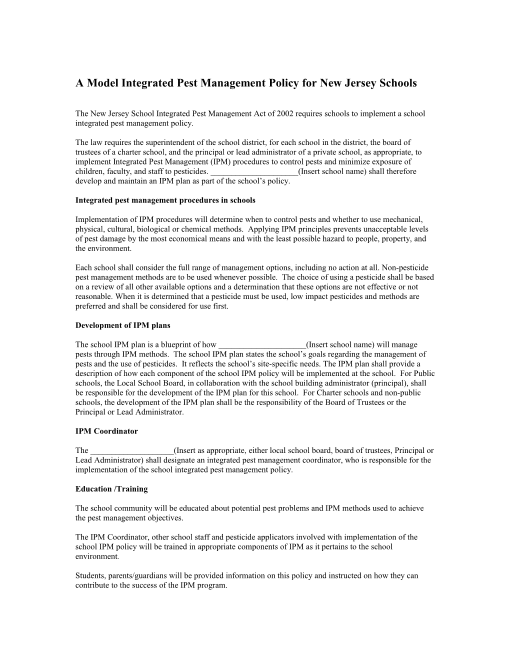 A Model Integrated Pest Management Policy for New Jersey Schools