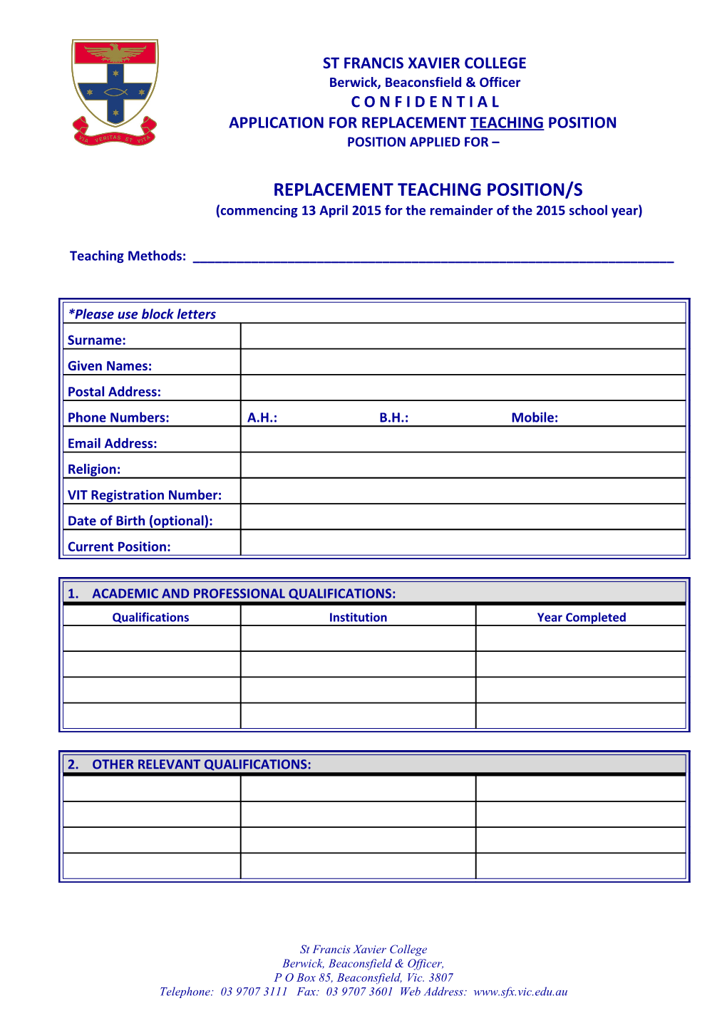 Application for Replacement Teaching Position