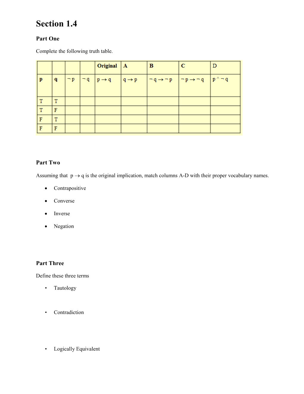 Complete the Following Truth Table