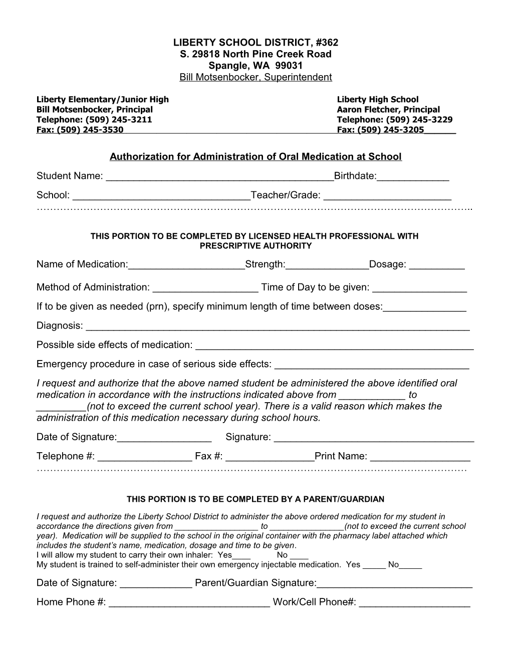 Authorization for Administration of Oral Medication at School s1