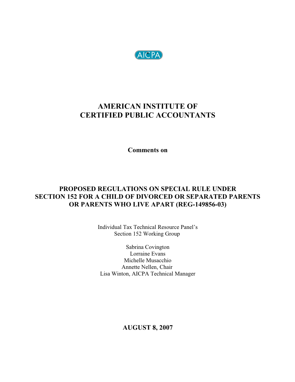 AICPA Comments on Proposed Regulations on Uniform Definition of a Child for Dependency Exemption