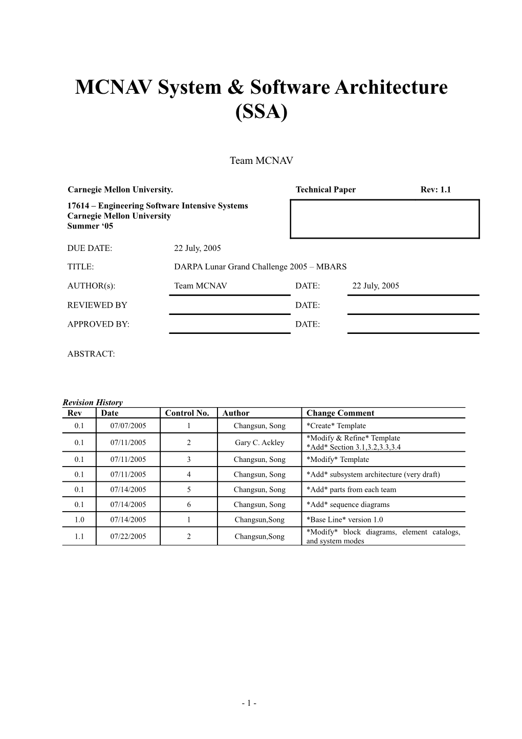 MCNAV System & Software Architecture (SSA)