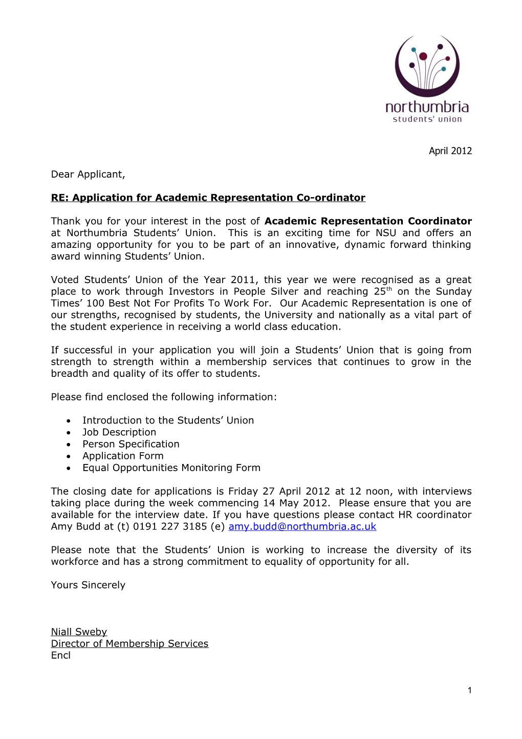 RE: Application for Academic Representation Co-Ordinator