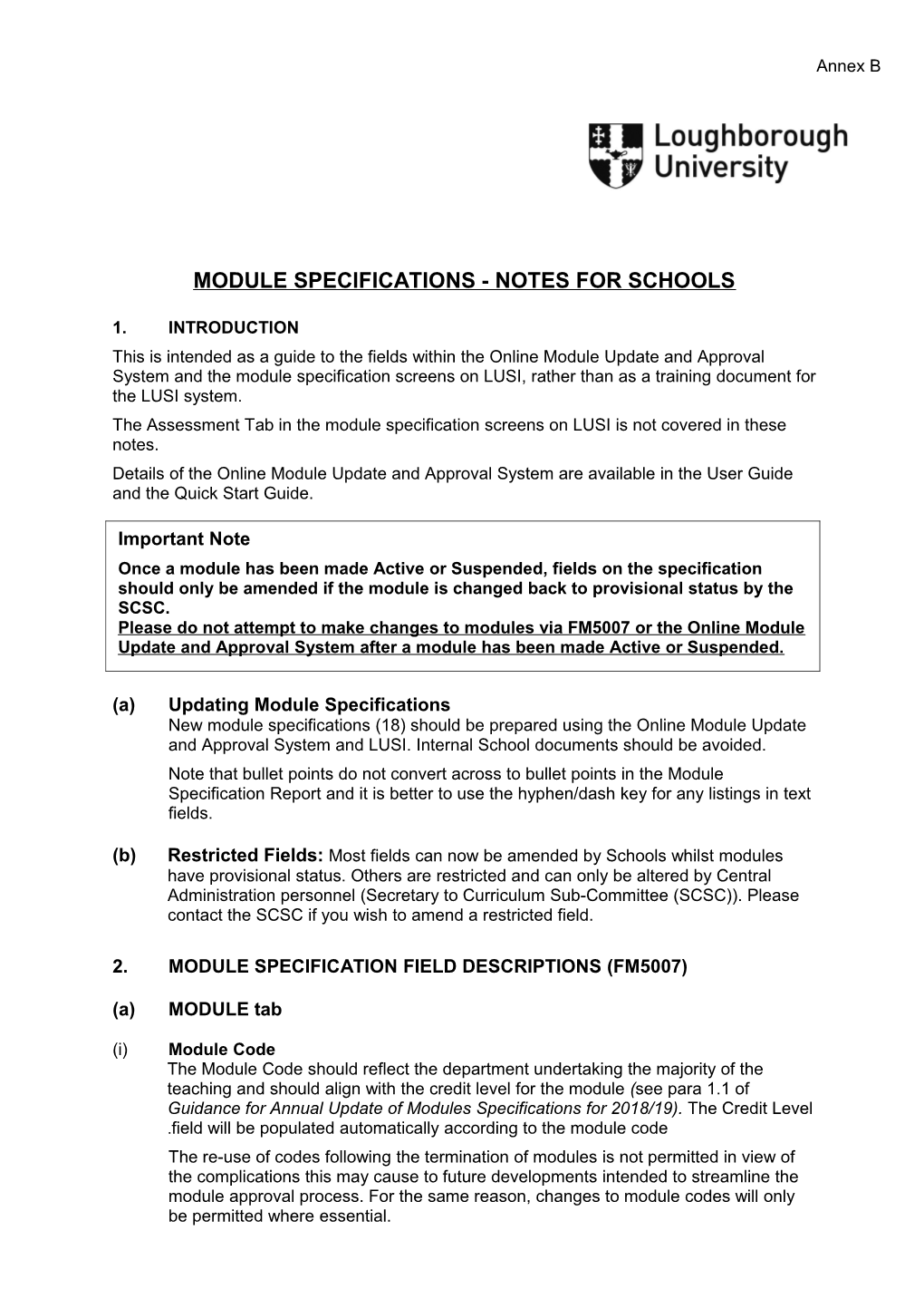 Module Specifications - Notes for Schools