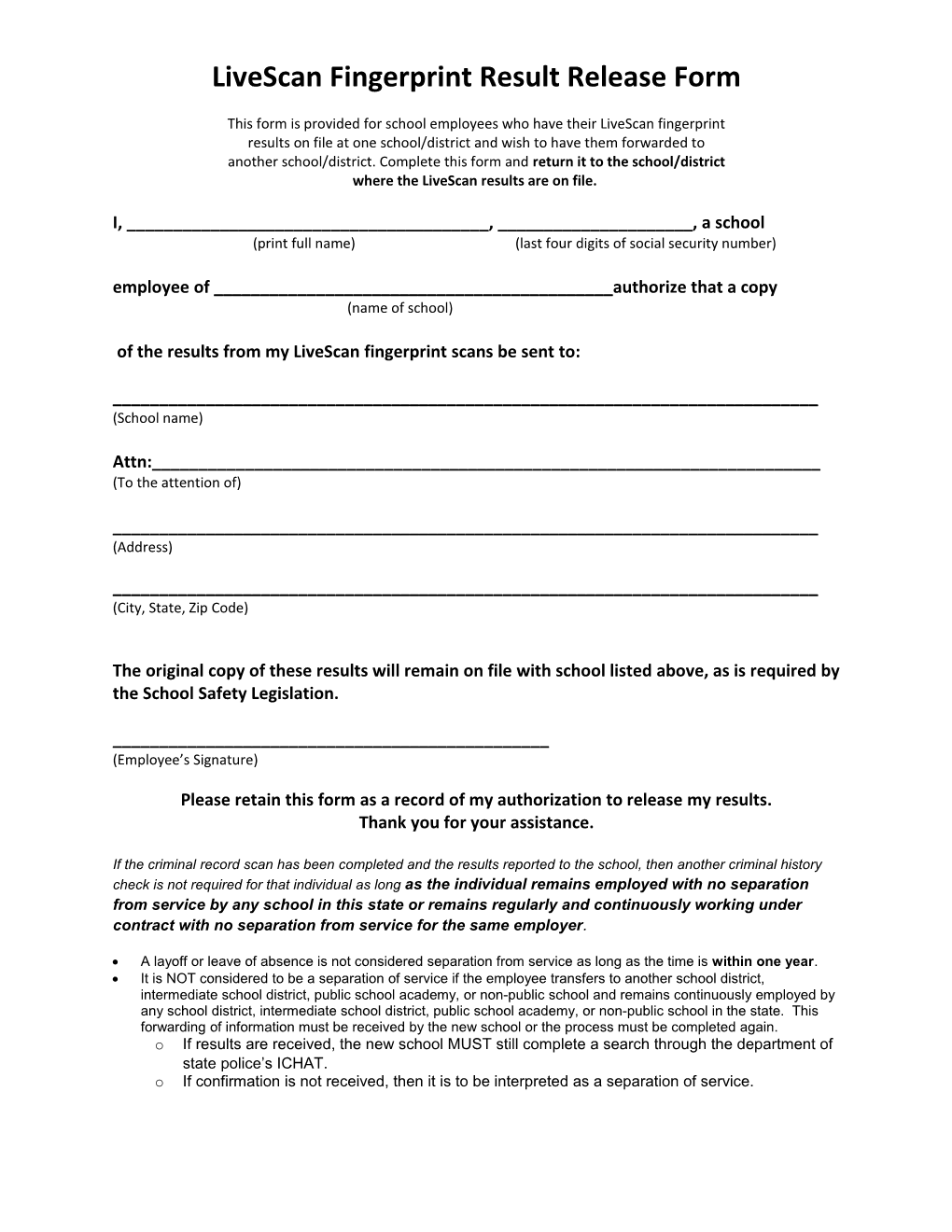 Livescan Fingerprint Result Release Form