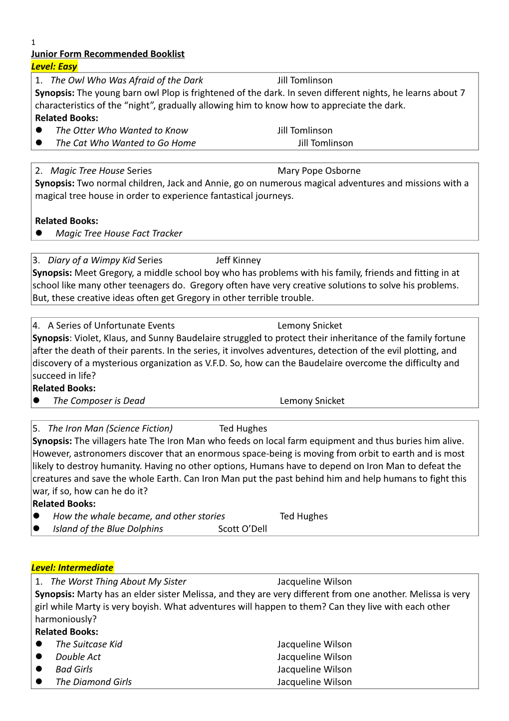 Junior Form Recommended Booklist