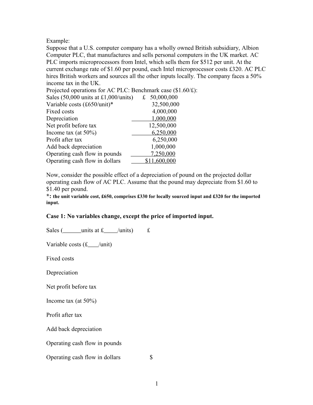 Projected Operations for AC PLC: Benchmark Case ($1.60/ )