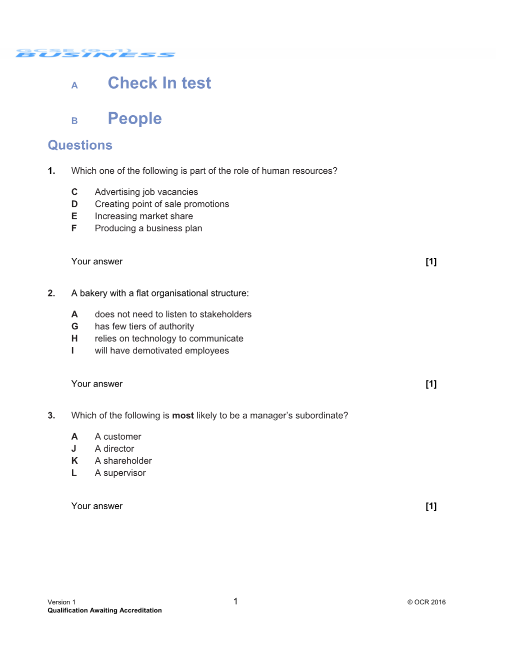 GCSE (9-1) Business Check in Test - Marketing