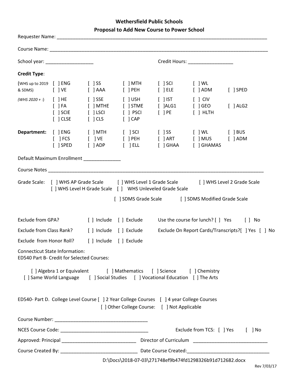 Wethersfield Public Schools Proposal to Add New Course to Power School