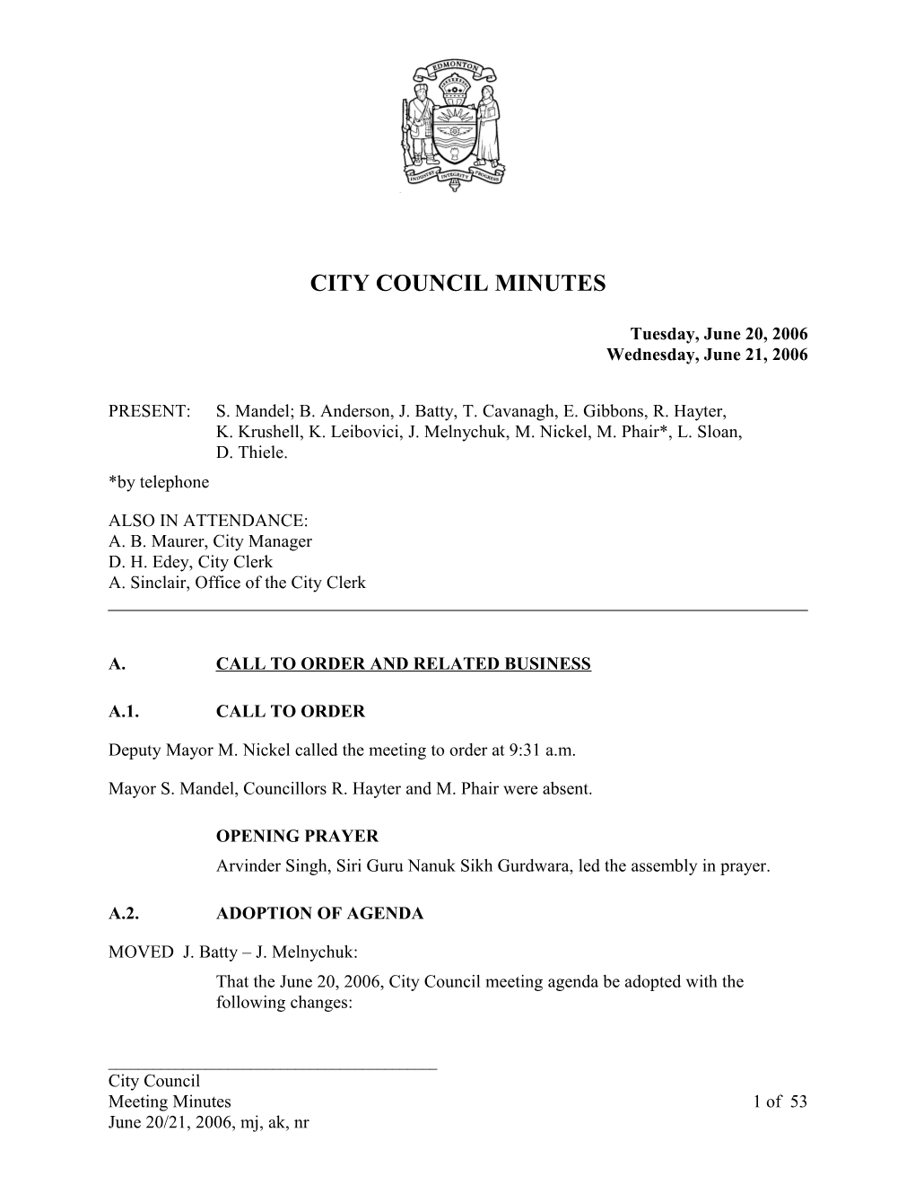 Minutes for City Council June 20, 2006 Meeting