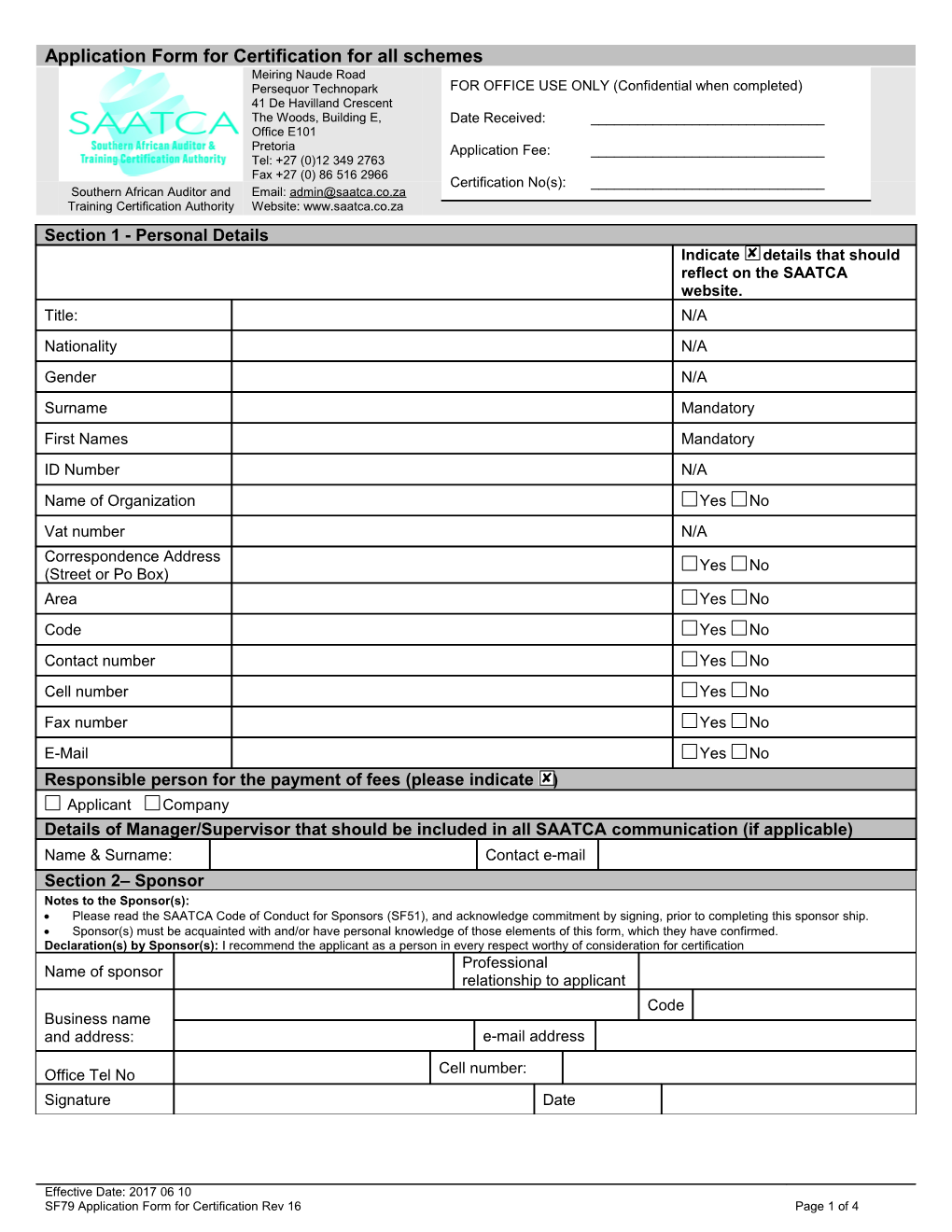 Application Form for Certification