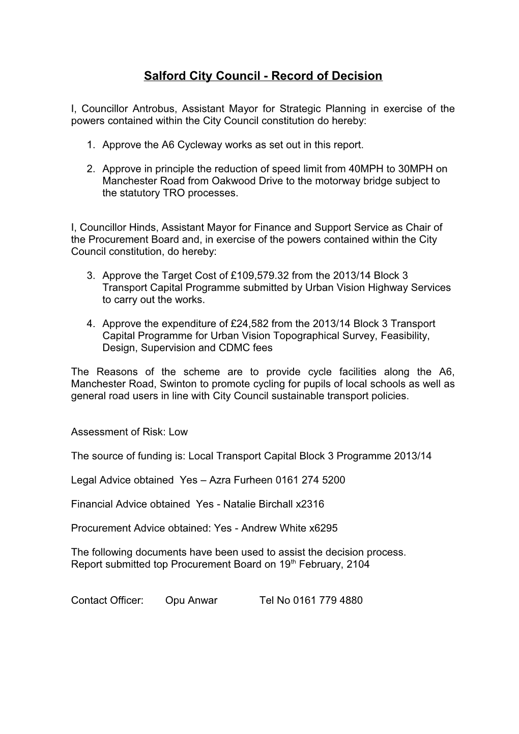 Salford City Council - Record of Decision s2