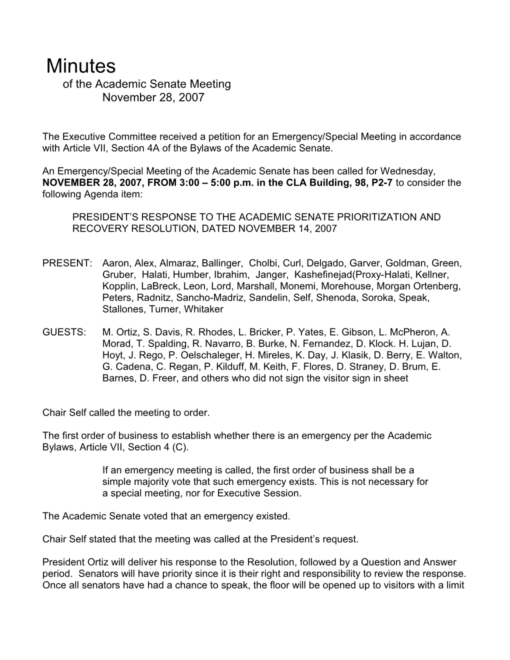 Academic Senate Minutes November 28, 2007