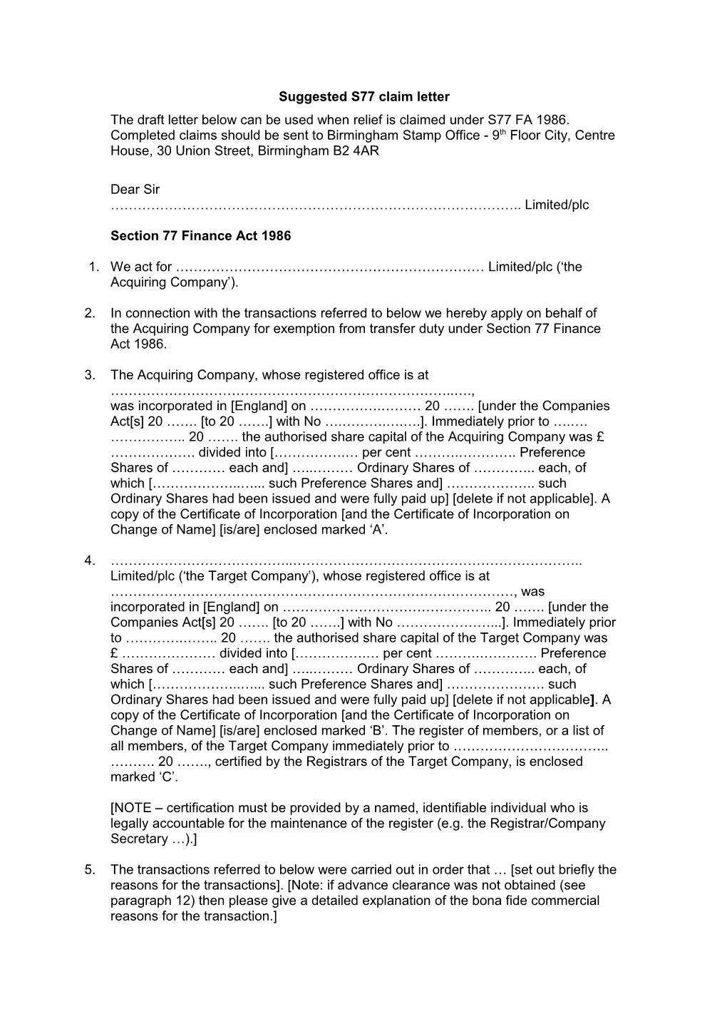 Suggested S77 Claim Letter