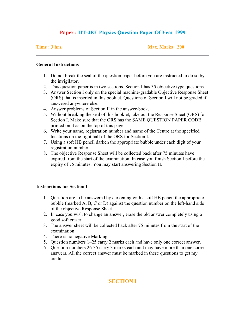 Paper : IIT-JEE Physics Question Paper of Year 1999