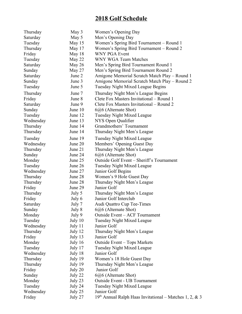 2018 Golf Schedule