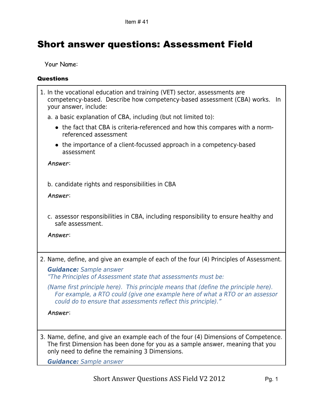 Short Answer Questions: Assessment Field