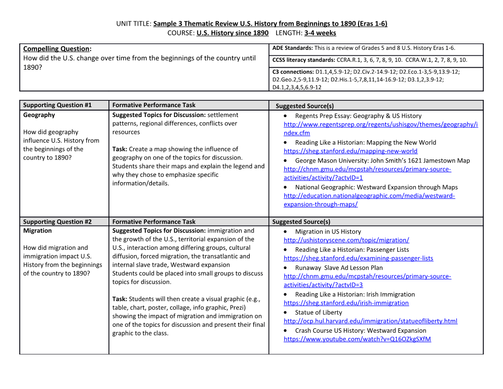 UNIT TITLE: Sample 3 Thematic Review U.S. History from Beginnings to 1890 (Eras 1-6)