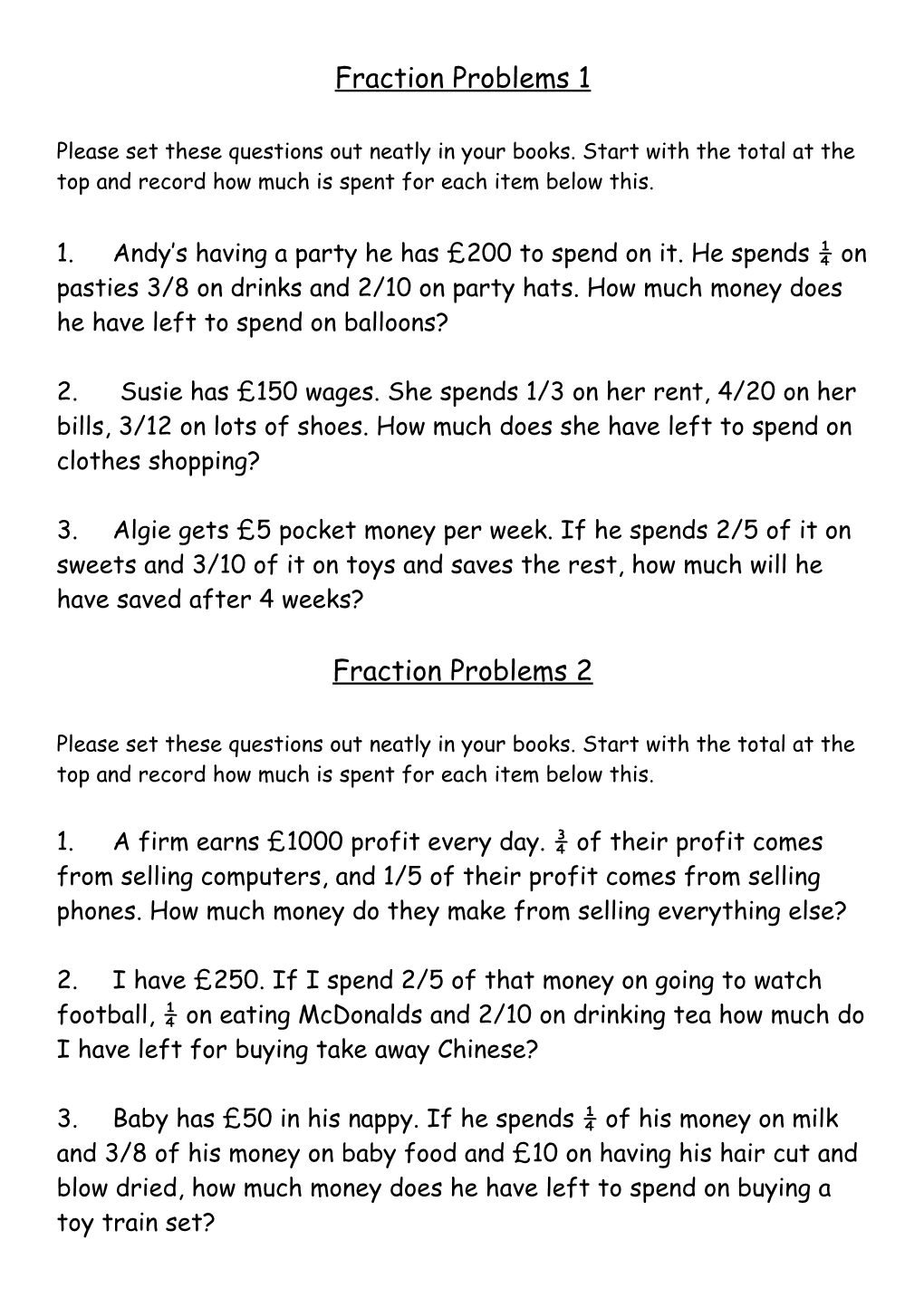 Fraction Money Problems