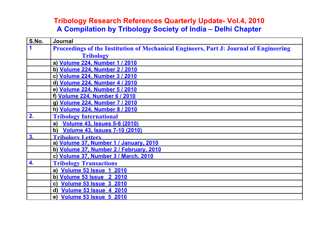 Tribology Research References Quarterly Update- Vol.4, 2010