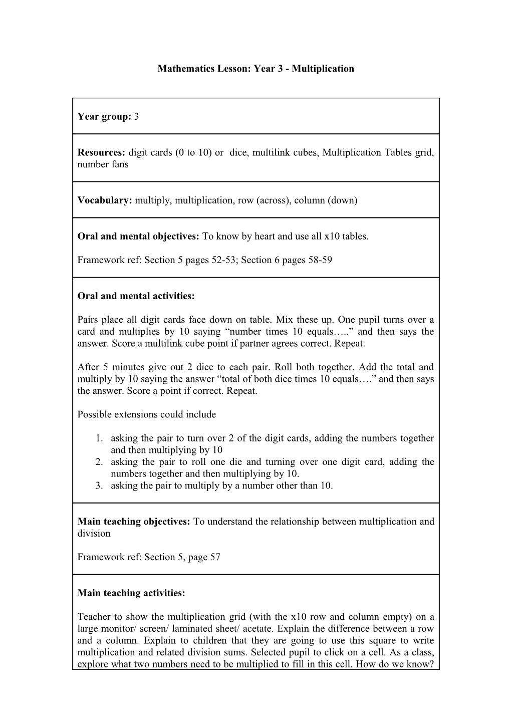 Mathematics Lesson: Year 3 - Multiplication