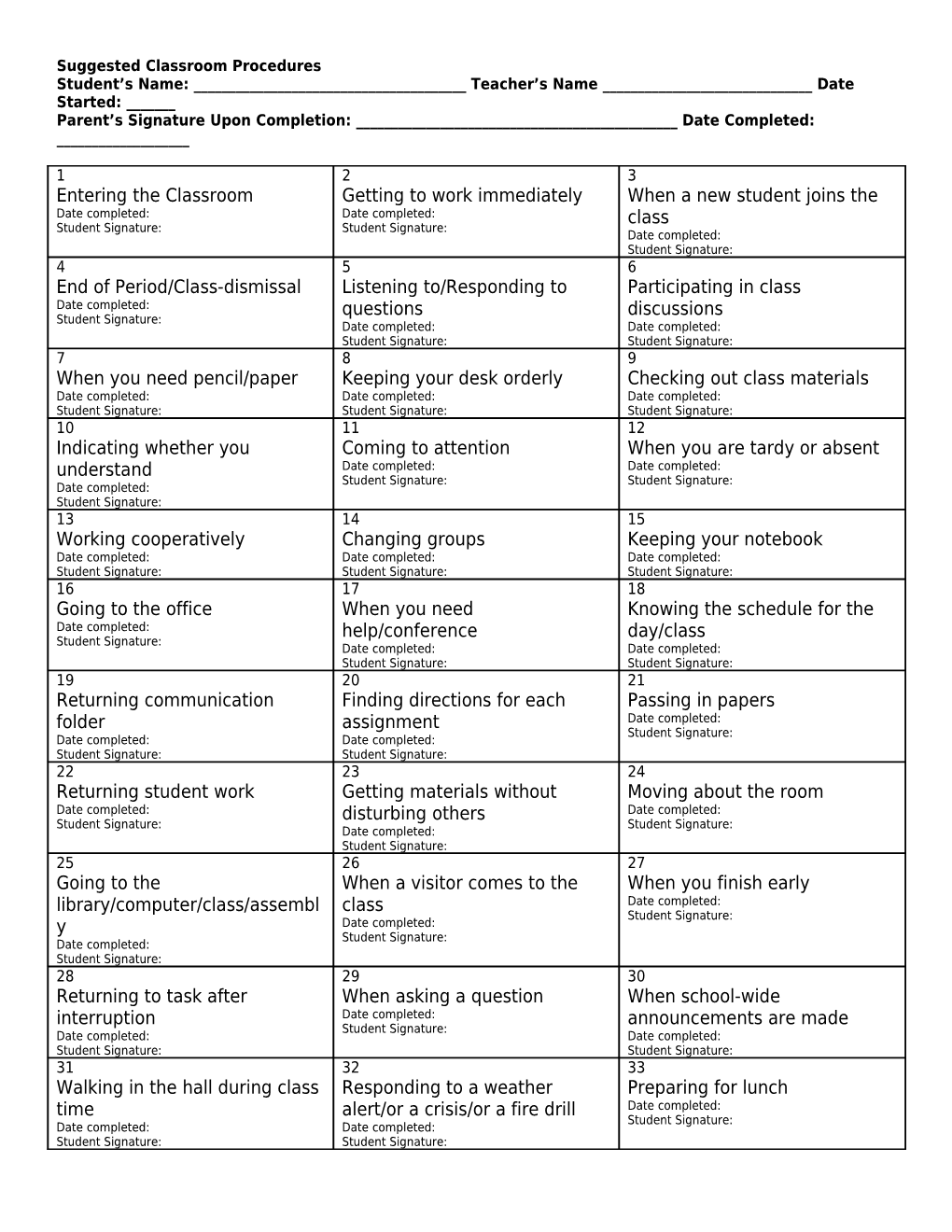 Suggested Classroom Procedures