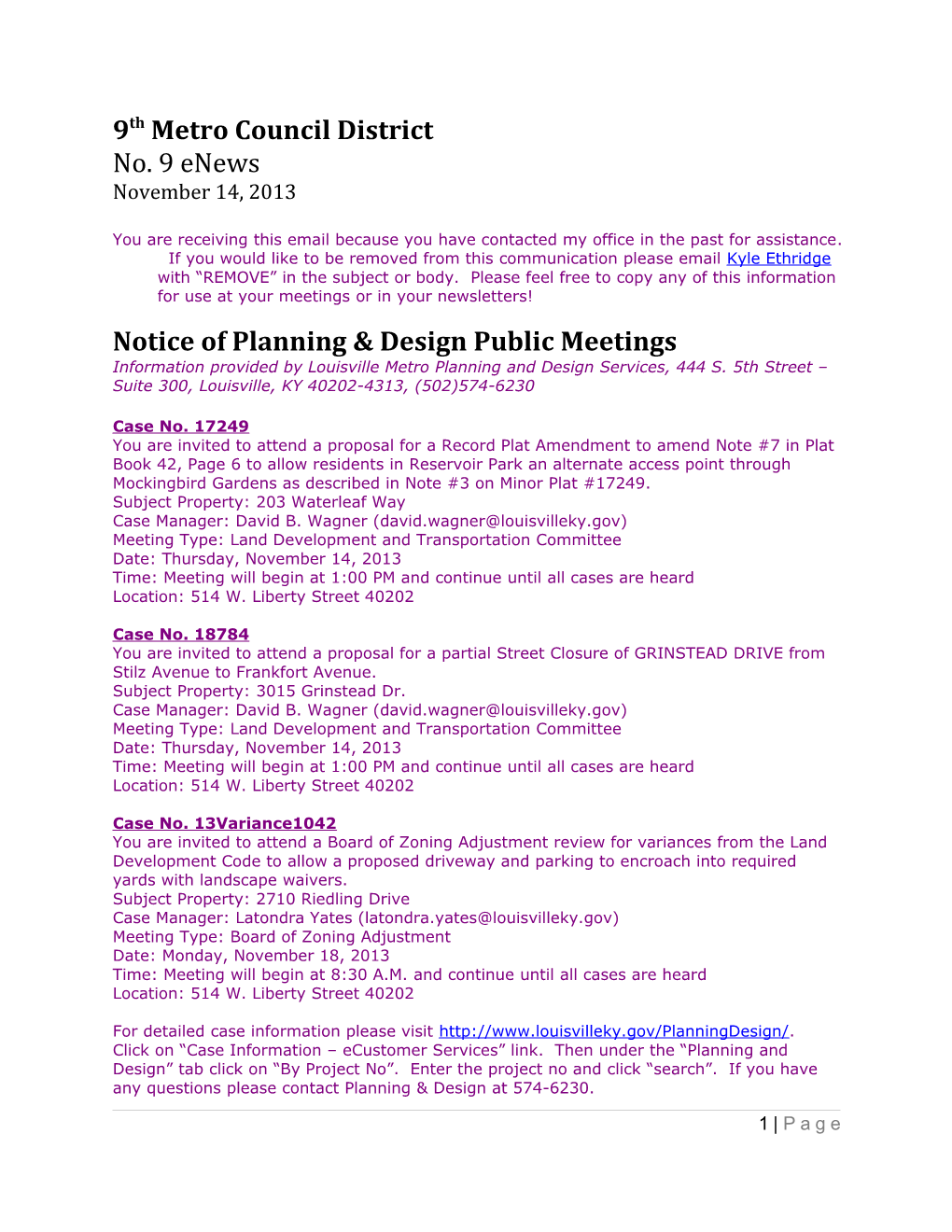 Notice of Planning & Design Public Meetings