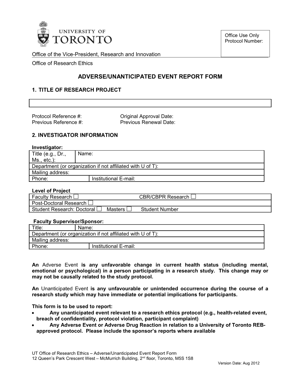 Adverse/Unanticipated Event Report Form