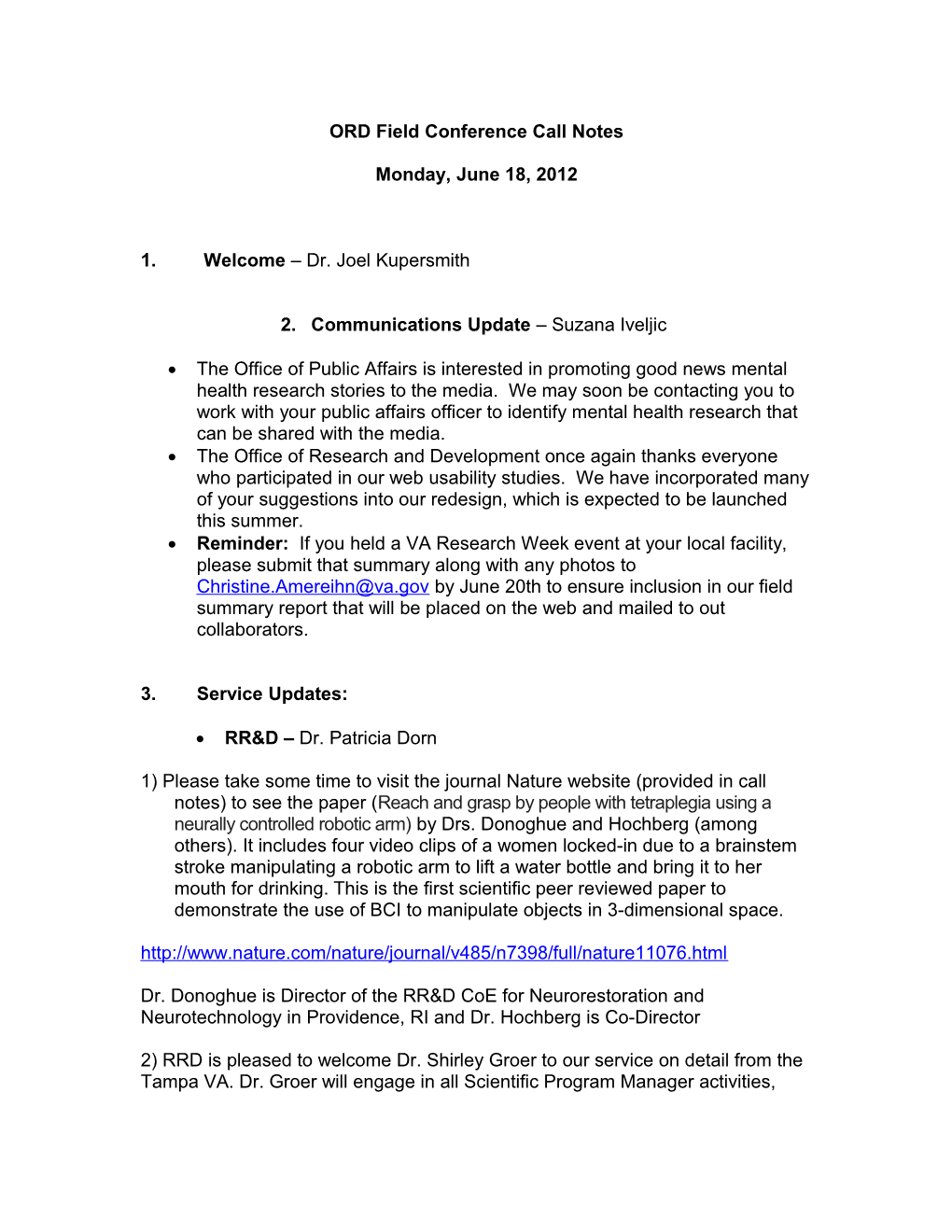 ORD Field Conference Call Notes: June 18, 2012