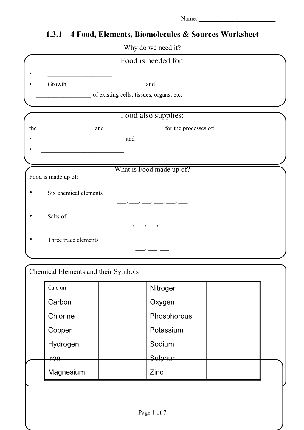 1.3.1 Function of Food Worksheet