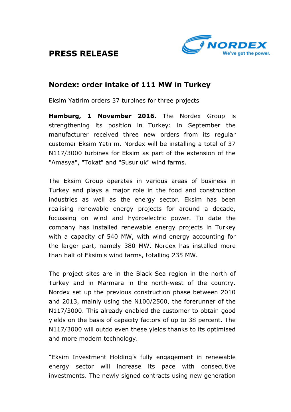 Nordex: Order Intake of 111 MW in Turkey