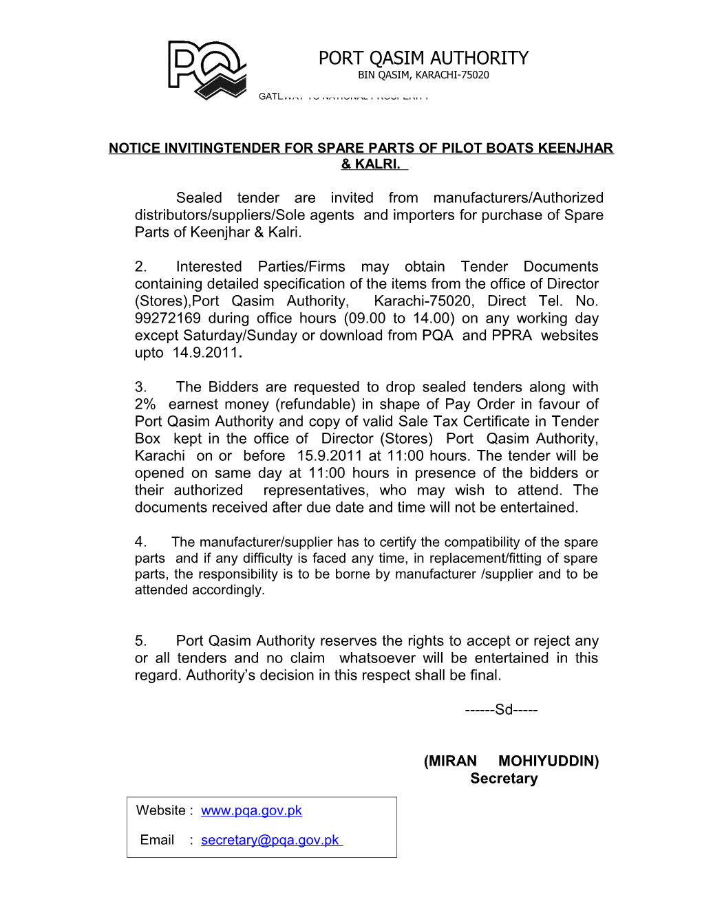 Notice Invitingtender for Spare Parts of Pilot Boats Keenjhar & Kalri